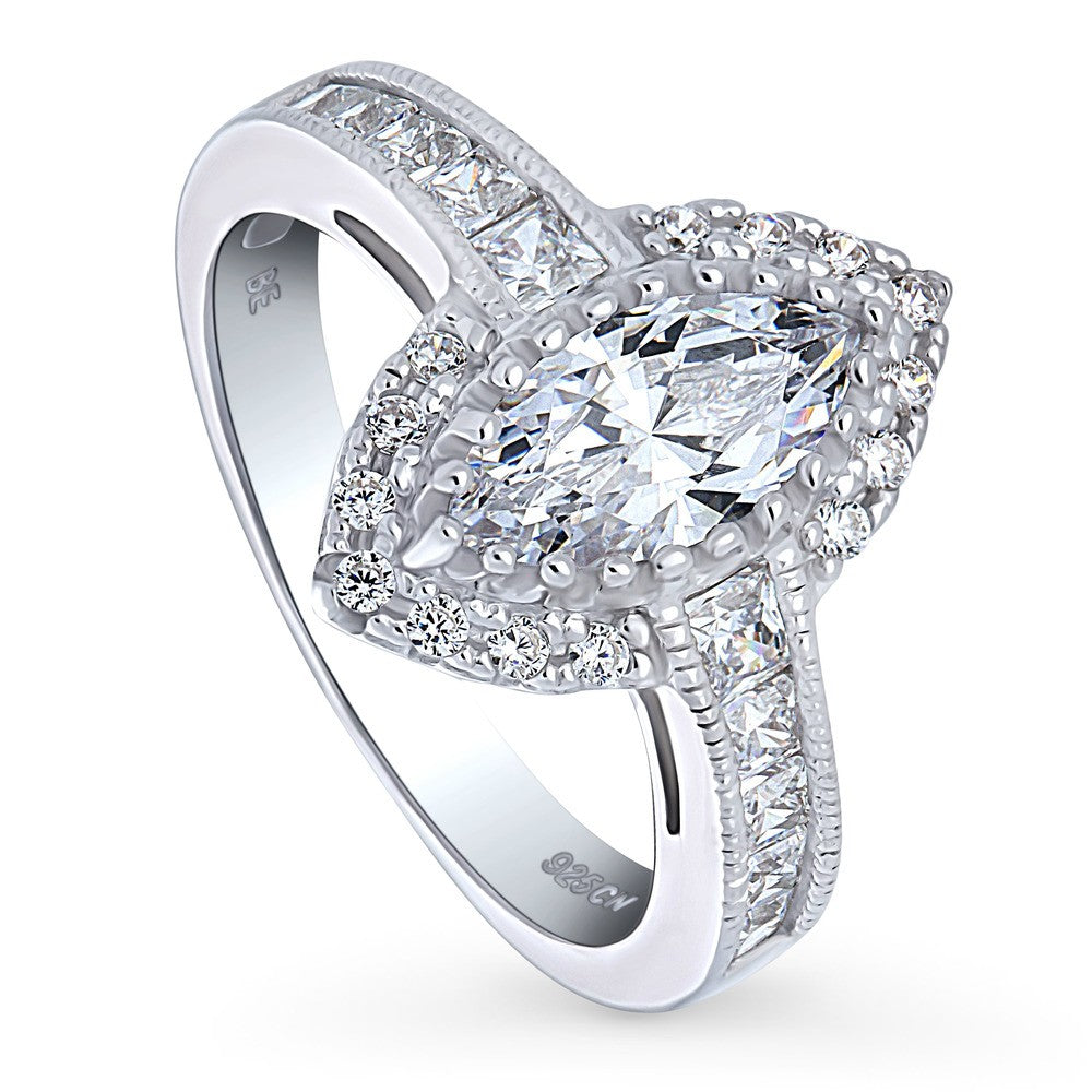 Front view of Halo Milgrain Marquise CZ Ring in Sterling Silver, 4 of 9