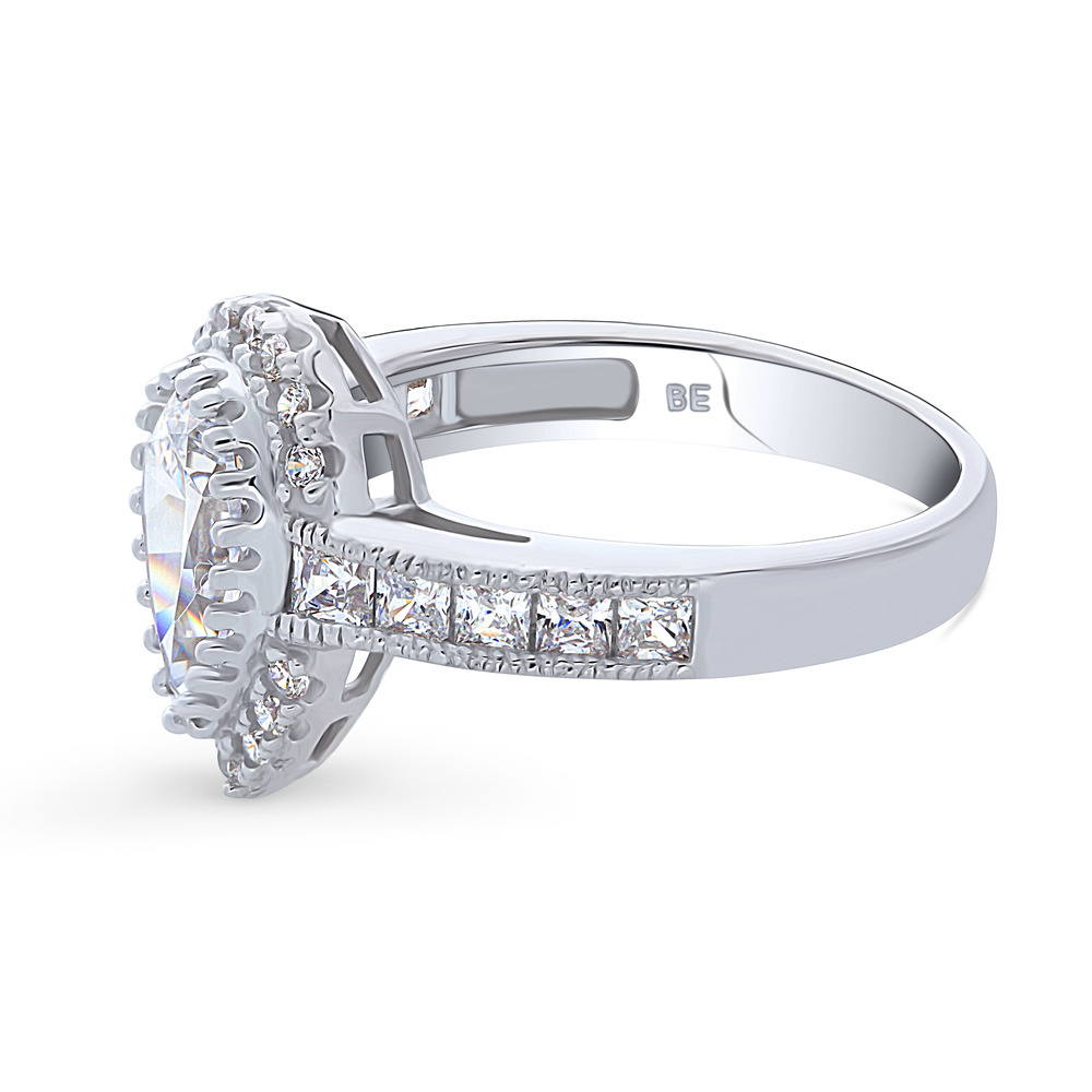 Angle view of Halo Milgrain Pear CZ Ring in Sterling Silver