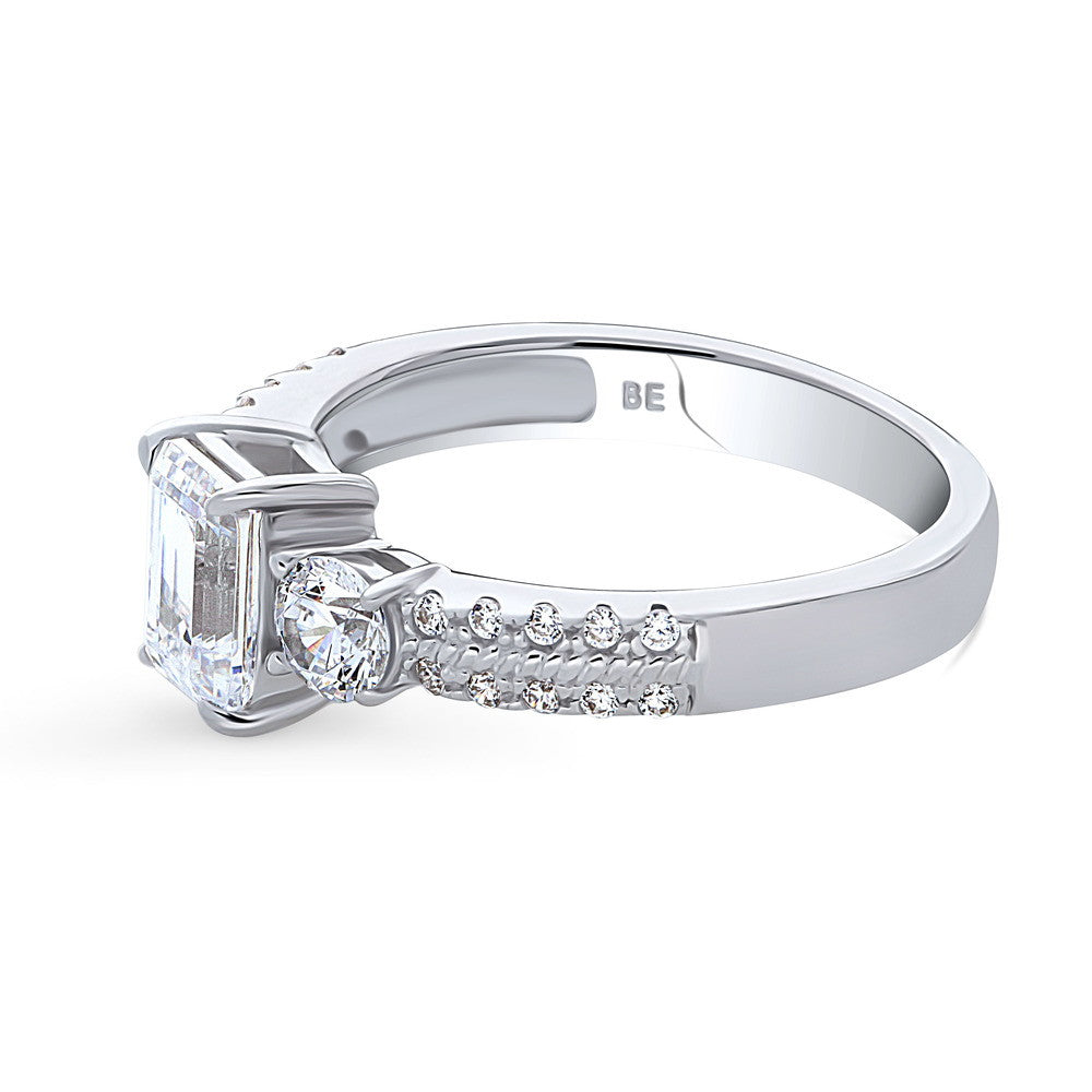 Angle view of 3-Stone Emerald Cut CZ Ring in Sterling Silver