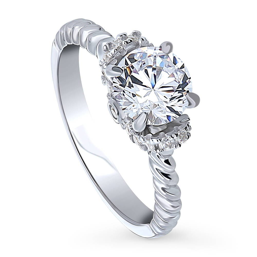 Front view of Woven Solitaire CZ Ring in Sterling Silver