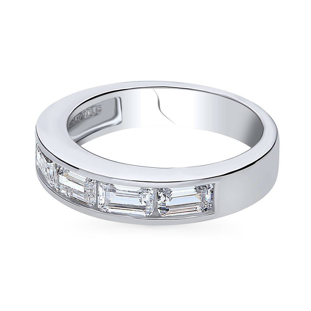Angle view of 5-Stone Channel Emerald Cut CZ Half Eternity Ring in Sterling Silver