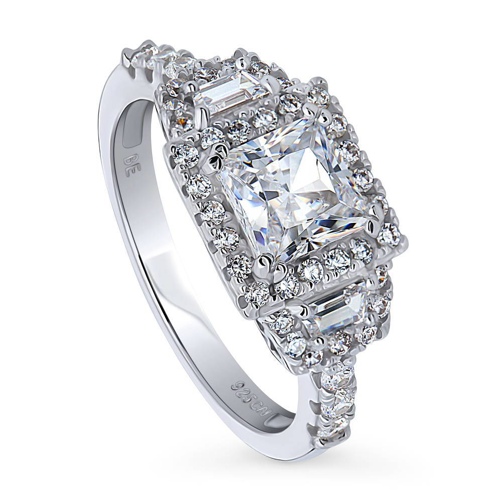 Front view of Halo 3-Stone Princess CZ Ring in Sterling Silver