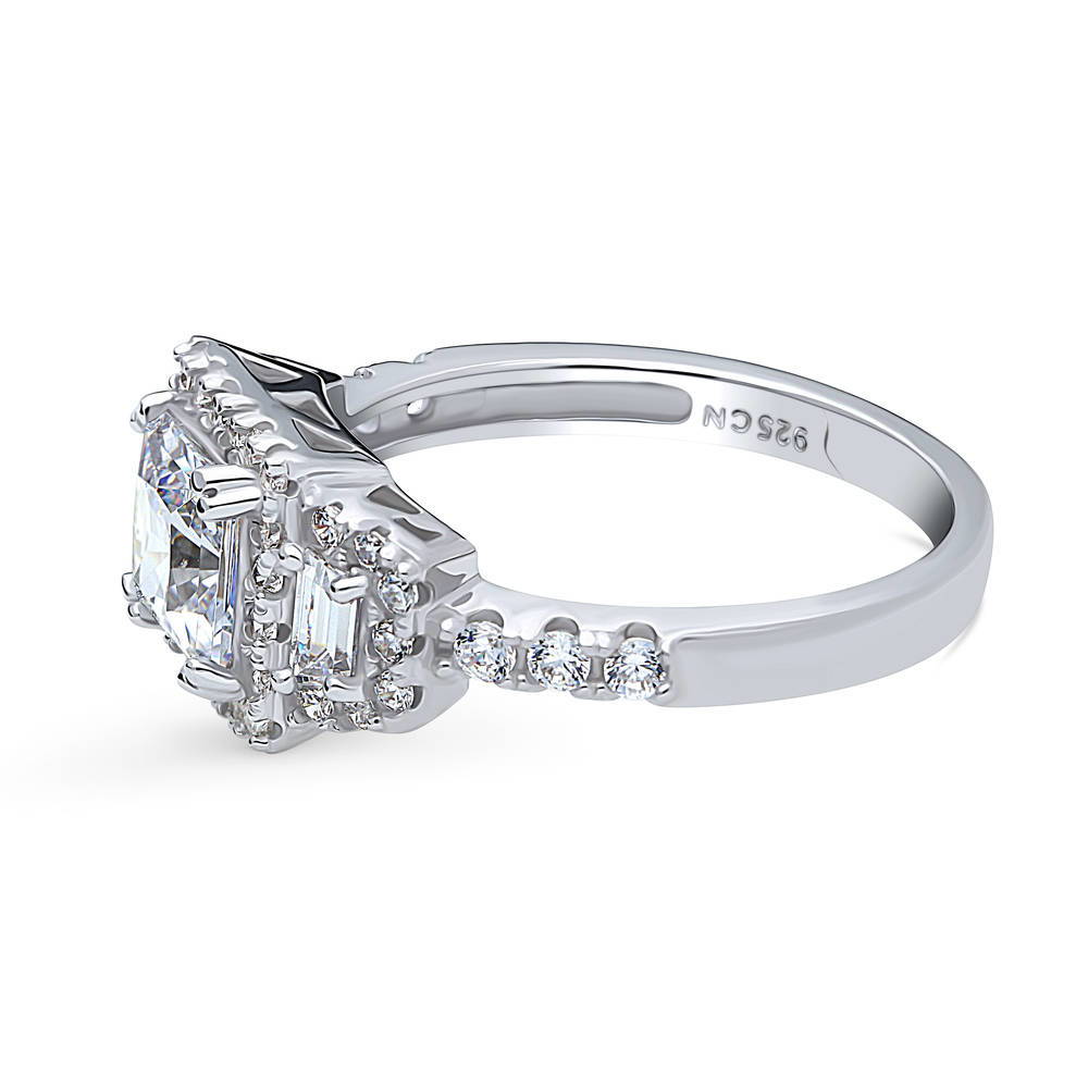 Angle view of Halo 3-Stone Princess CZ Ring in Sterling Silver