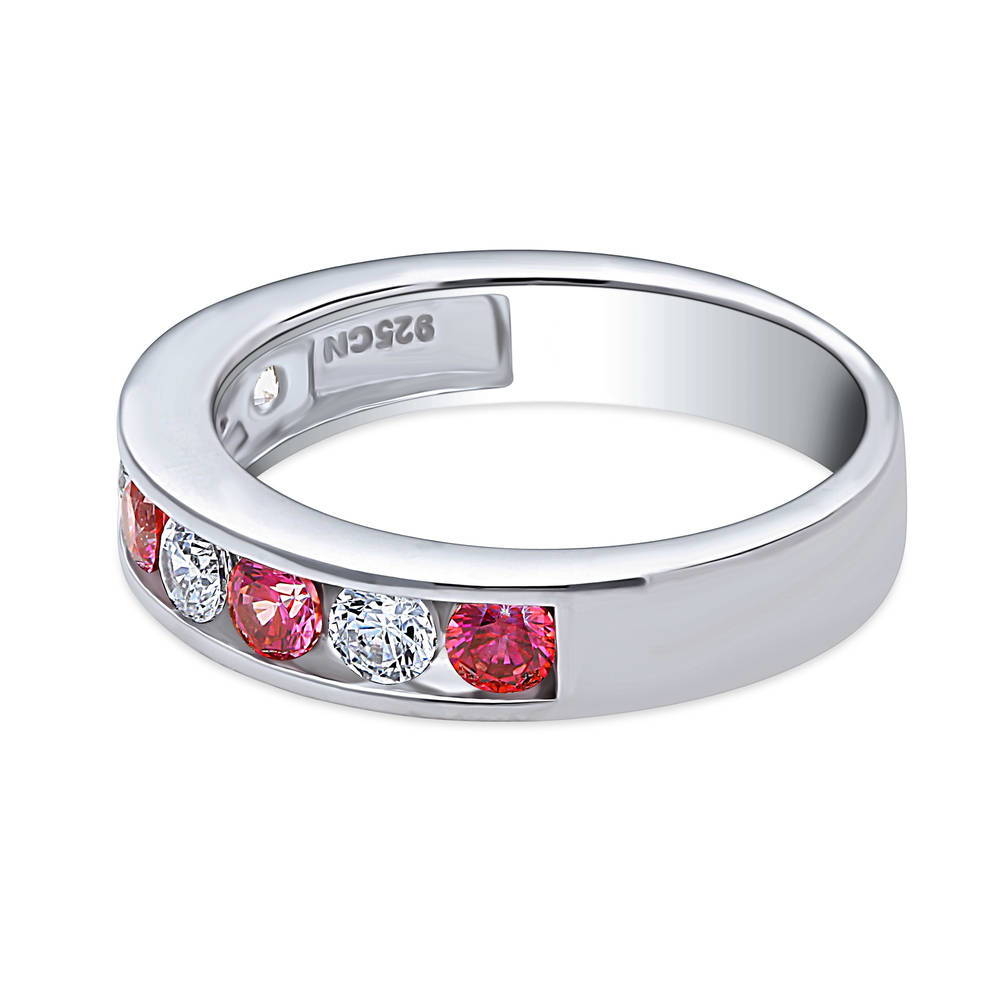 Angle view of Red Channel Set CZ Stackable Half Eternity Ring in Sterling Silver
