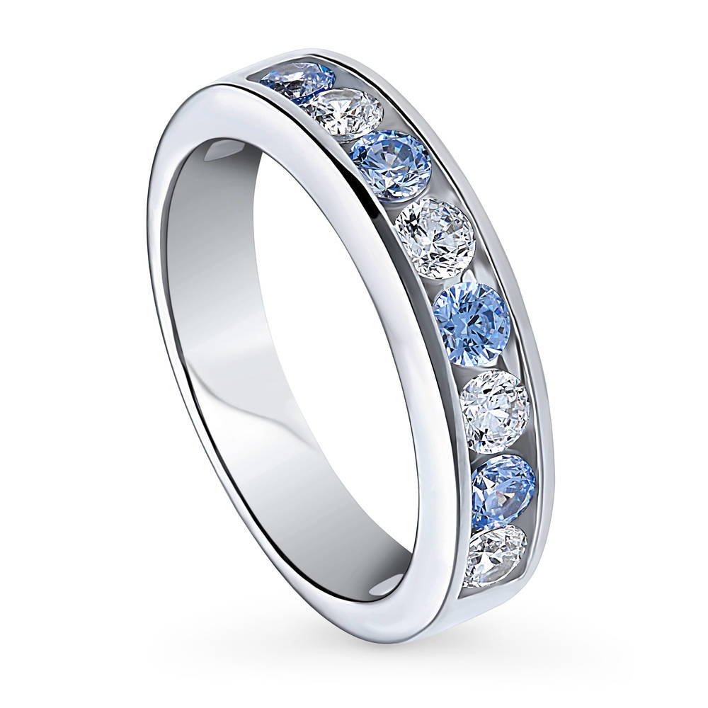 Front view of Greyish Blue Channel CZ Stackable Half Eternity Ring in Sterling Silver, 4 of 9