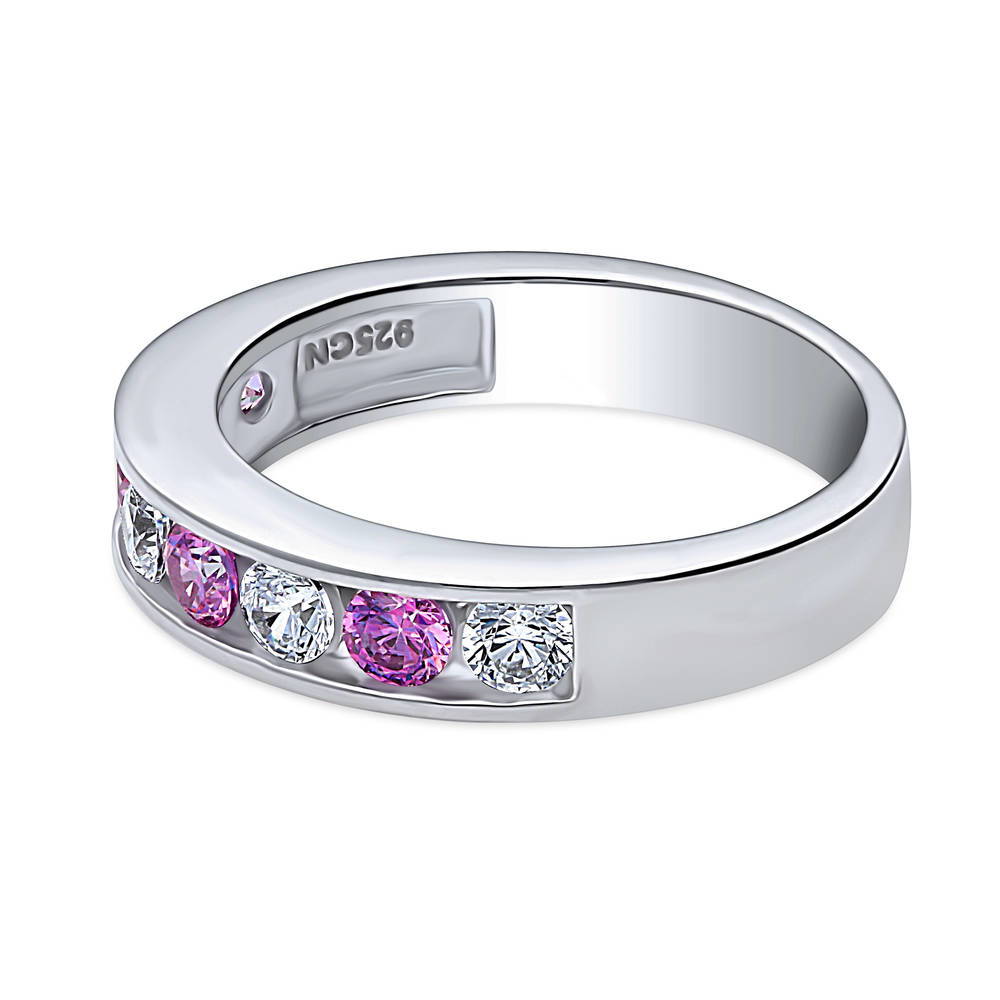 Angle view of Purple Channel Set CZ Stackable Half Eternity Ring in Sterling Silver
