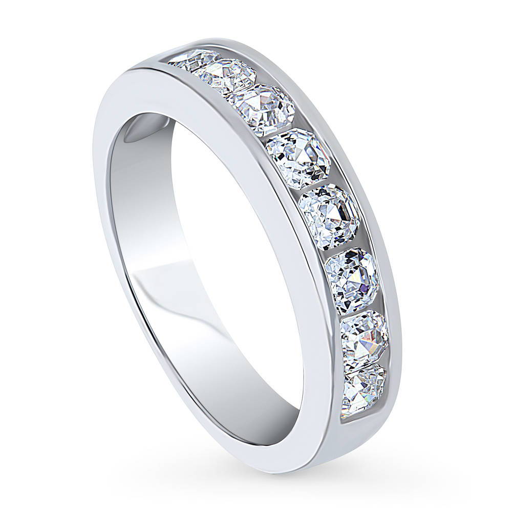 Channel Set Asscher CZ Half Eternity Ring in Sterling Silver, front view