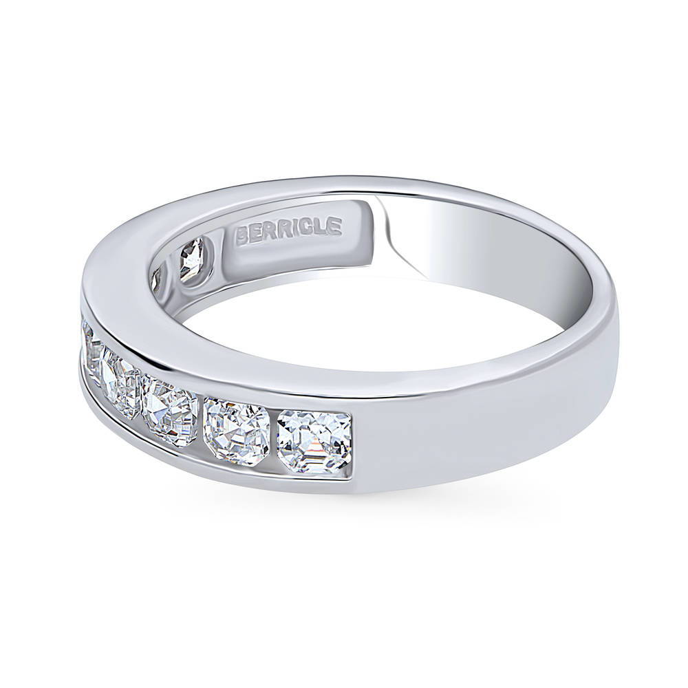 Angle view of Channel Set Asscher CZ Half Eternity Ring in Sterling Silver