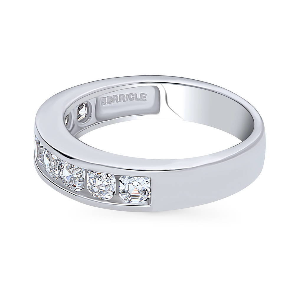 Channel Set Asscher CZ Half Eternity Ring in Sterling Silver, side view