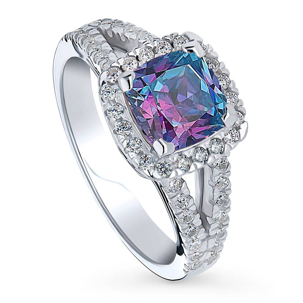 Front view of Halo Purple Aqua Cushion CZ Split Shank Ring in Sterling Silver