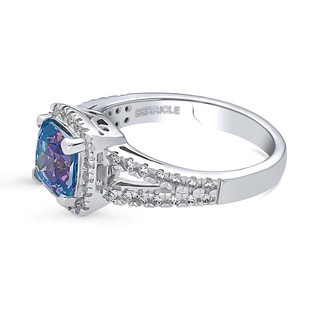Angle view of Halo Purple Aqua Cushion CZ Split Shank Ring in Sterling Silver