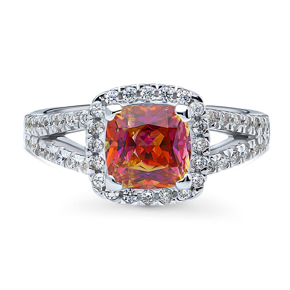 Halo Red Orange Cushion CZ Split Shank Ring in Sterling Silver