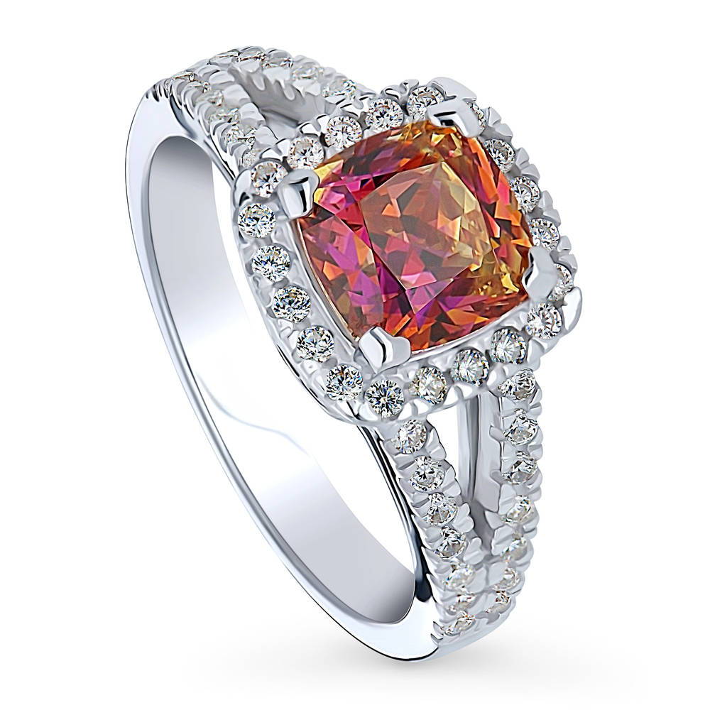 Front view of Halo Red Orange Cushion CZ Split Shank Ring in Sterling Silver