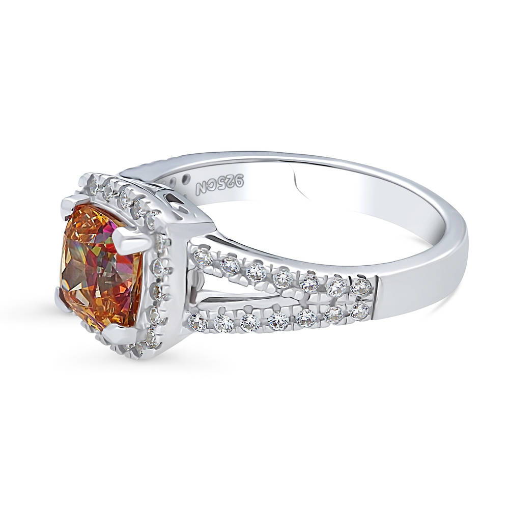 Angle view of Halo Red Orange Cushion CZ Split Shank Ring in Sterling Silver