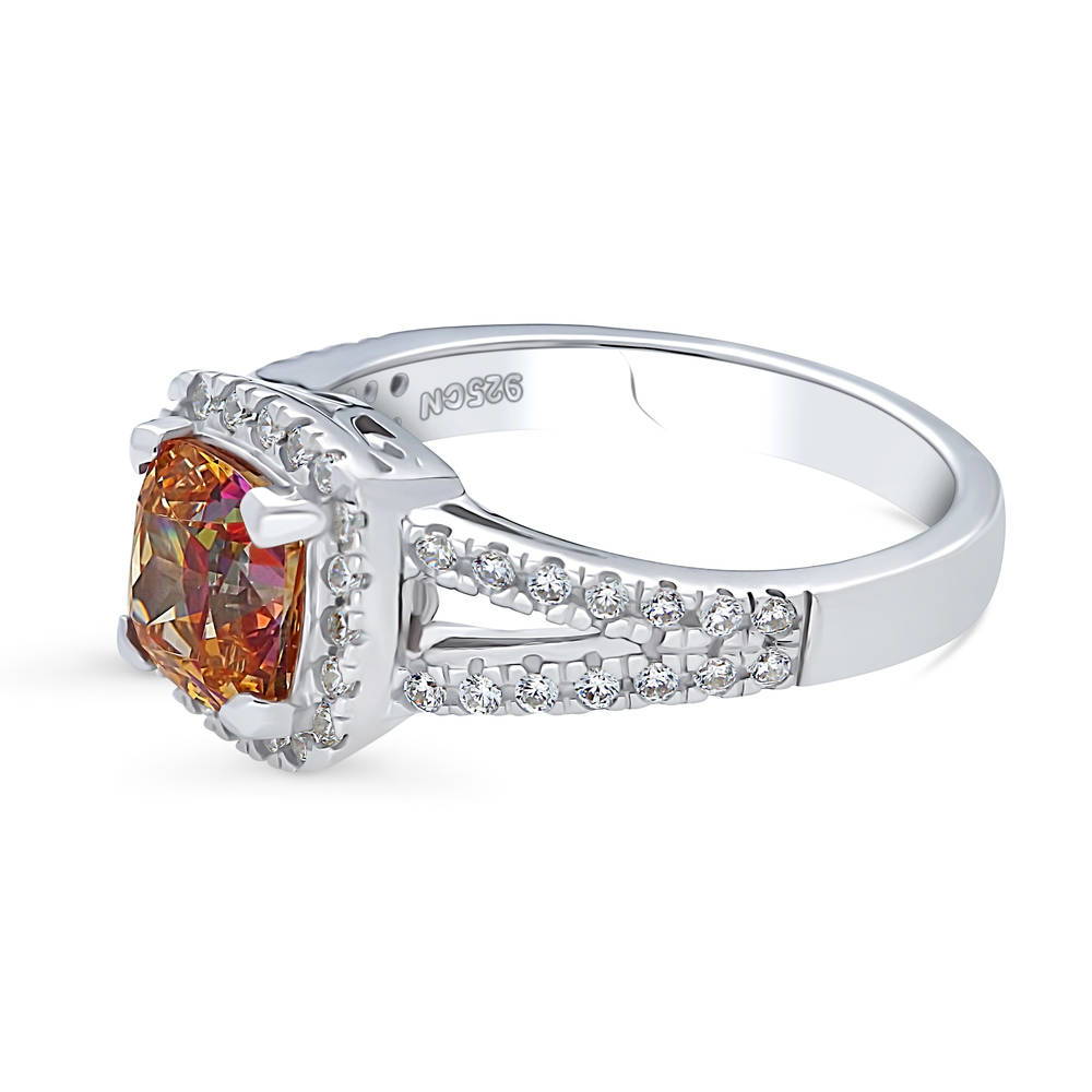 Halo Red Orange Cushion CZ Split Shank Ring in Sterling Silver