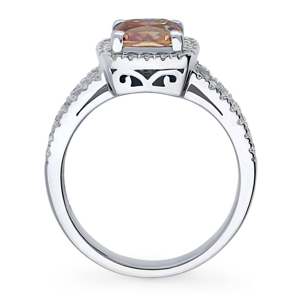 Alternate view of Halo Red Orange Cushion CZ Split Shank Ring in Sterling Silver