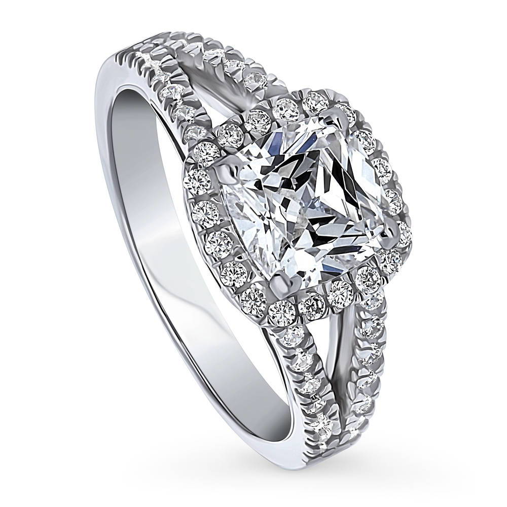 Front view of Halo Cushion CZ Split Shank Ring in Sterling Silver