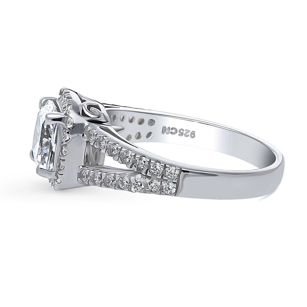 Angle view of Halo Cushion CZ Split Shank Ring in Sterling Silver