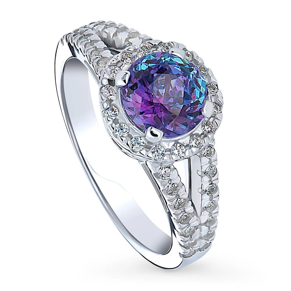 Front view of Halo Purple Aqua Round CZ Split Shank Ring in Sterling Silver