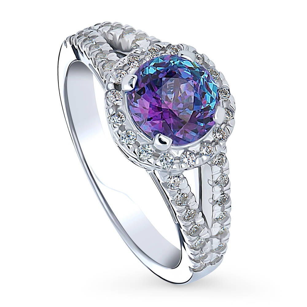 Halo Purple Aqua Round CZ Split Shank Ring in Sterling Silver