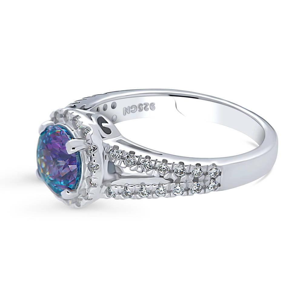 Angle view of Halo Purple Aqua Round CZ Split Shank Ring in Sterling Silver