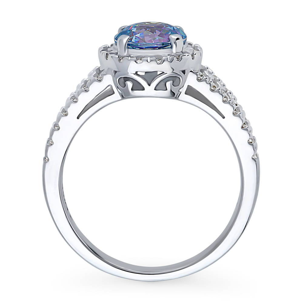 Halo Purple Aqua Round CZ Split Shank Ring in Sterling Silver