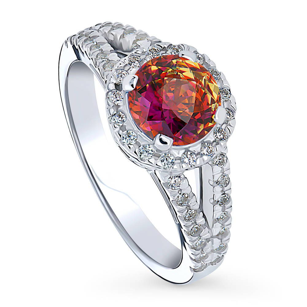 Front view of Halo Red Orange Round CZ Split Shank Ring in Sterling Silver