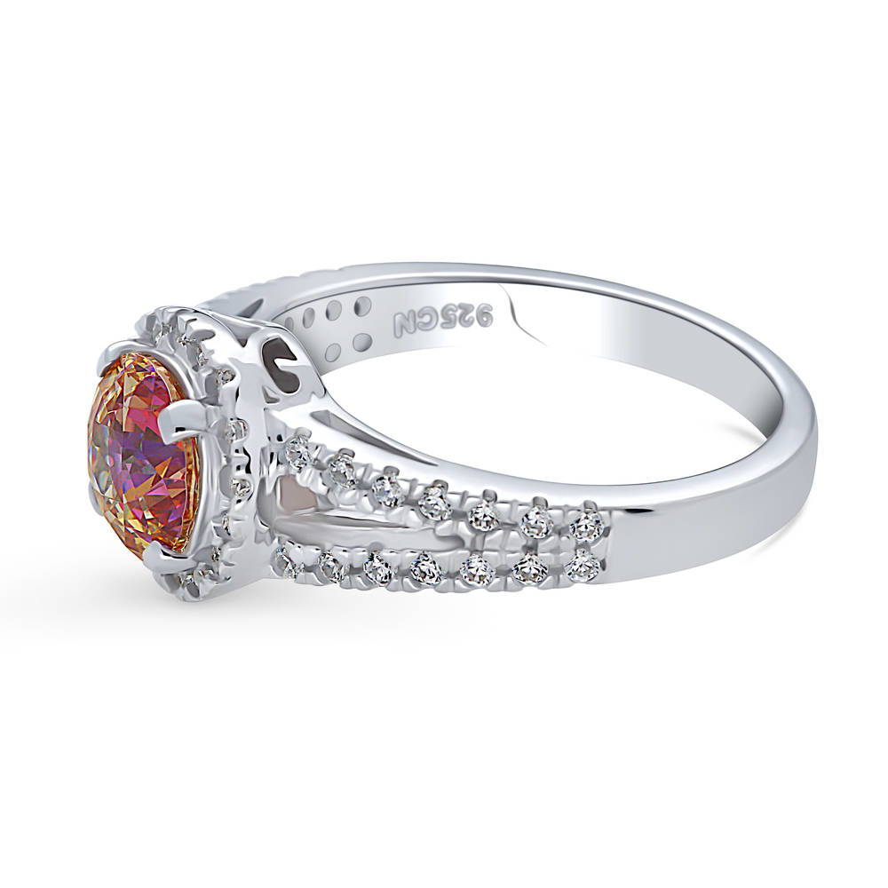 Angle view of Halo Red Orange Round CZ Split Shank Ring in Sterling Silver