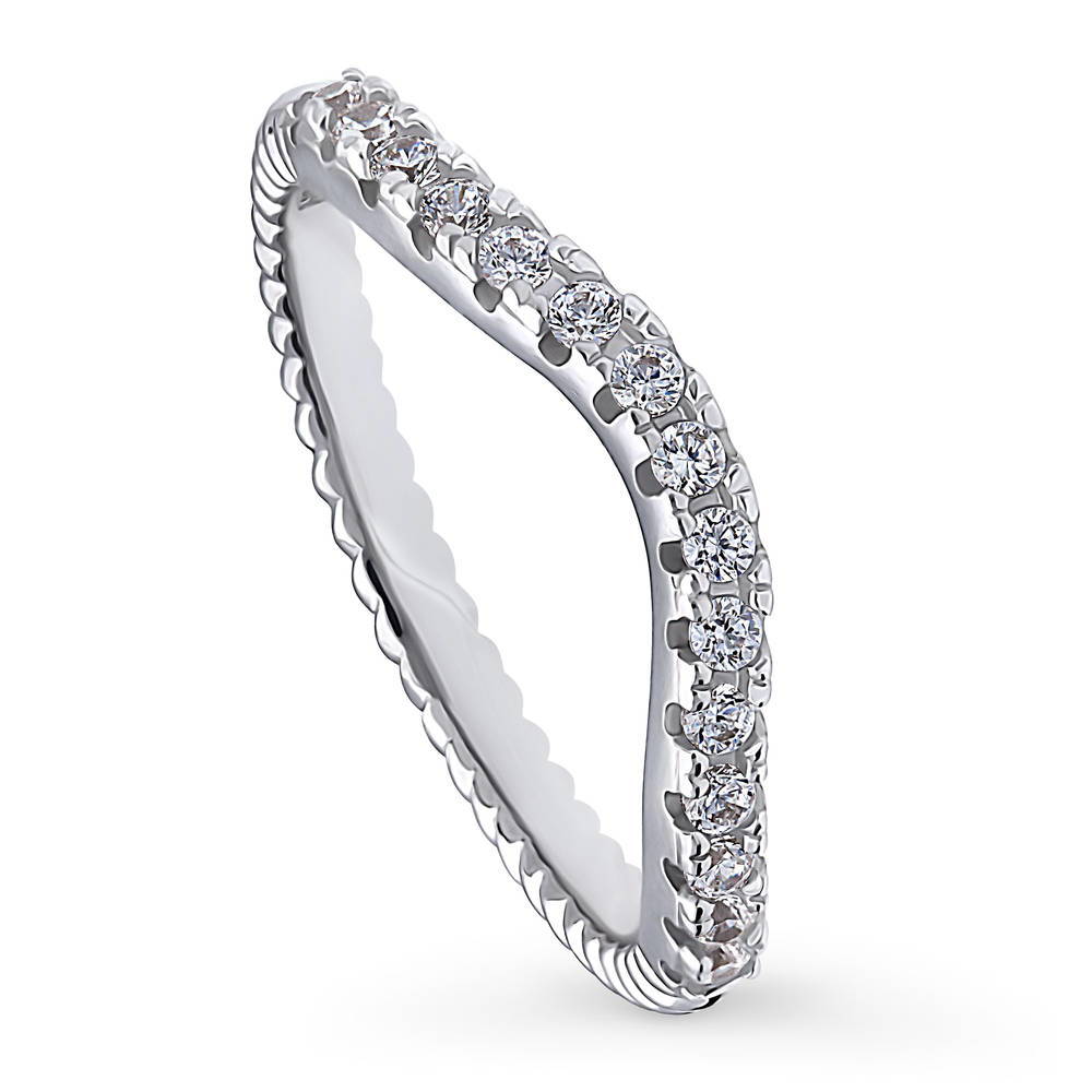 Front view of Woven Wishbone CZ Curved Half Eternity Ring in Sterling Silver