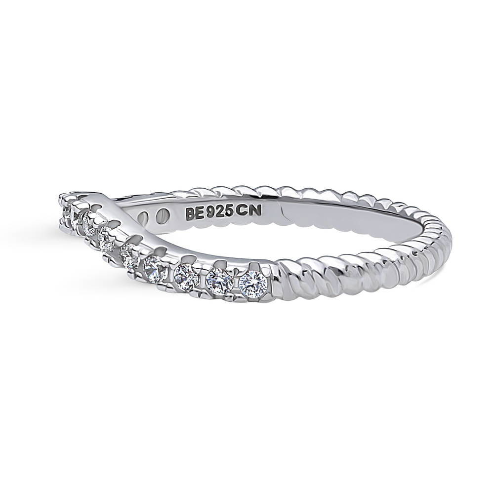 Angle view of Woven Wishbone CZ Curved Half Eternity Ring in Sterling Silver