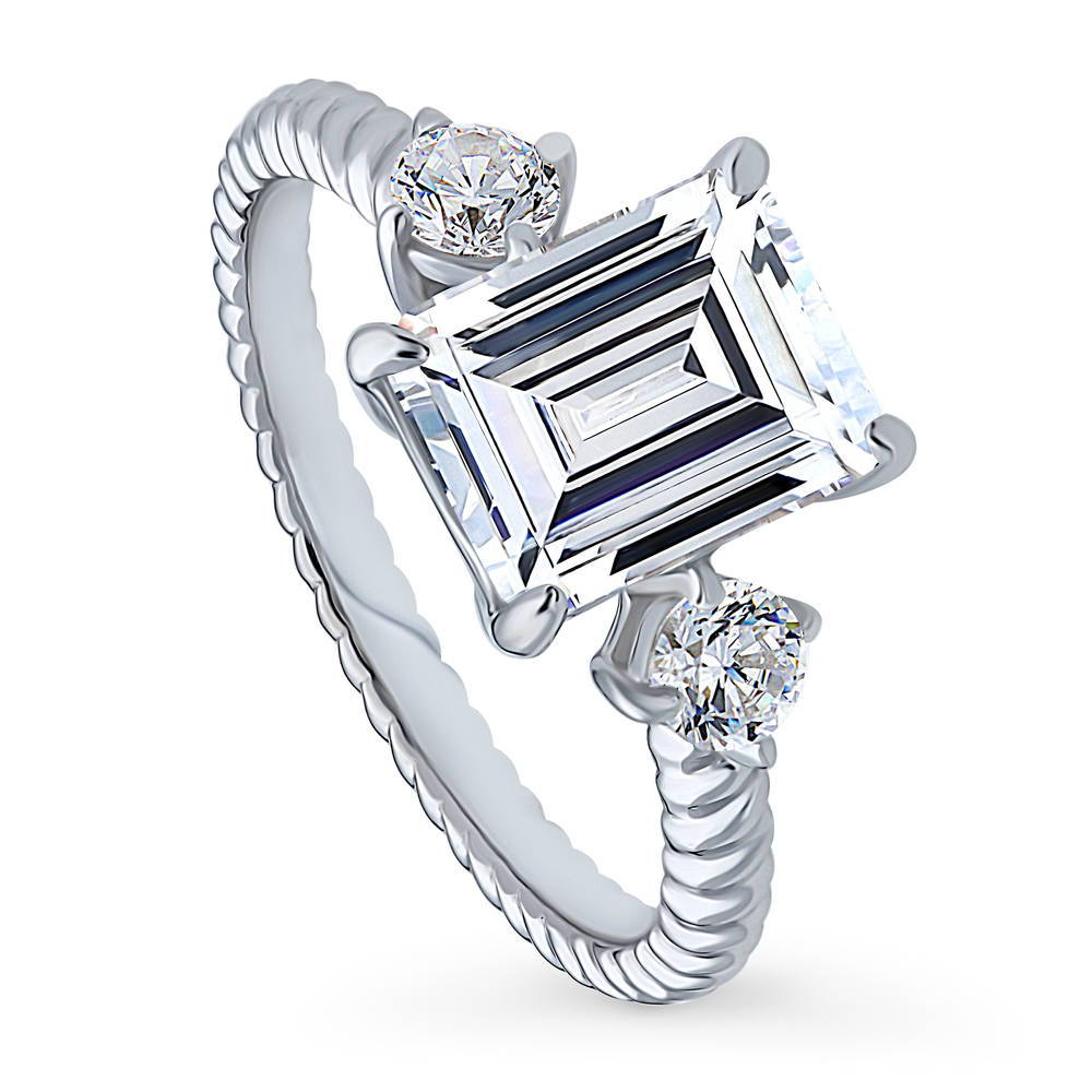 Front view of 3-Stone Woven Emerald Cut CZ Ring in Sterling Silver