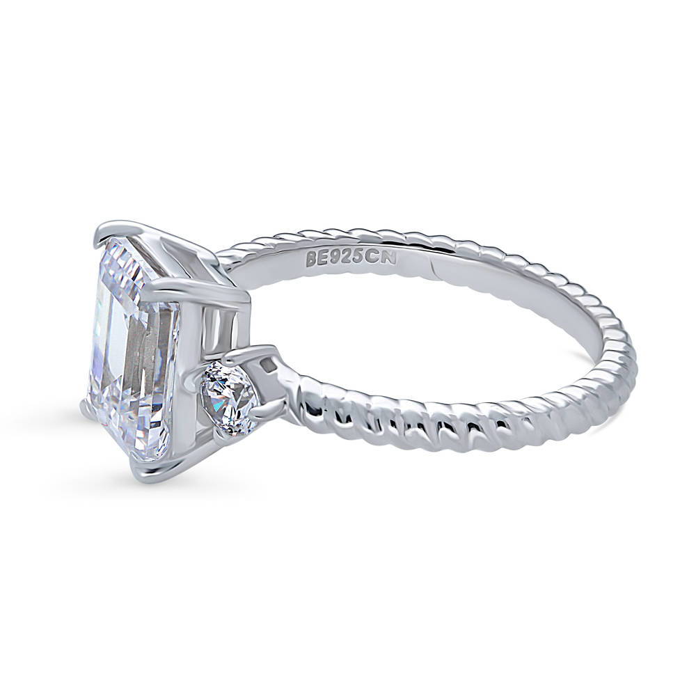 Angle view of 3-Stone Woven Emerald Cut CZ Ring in Sterling Silver