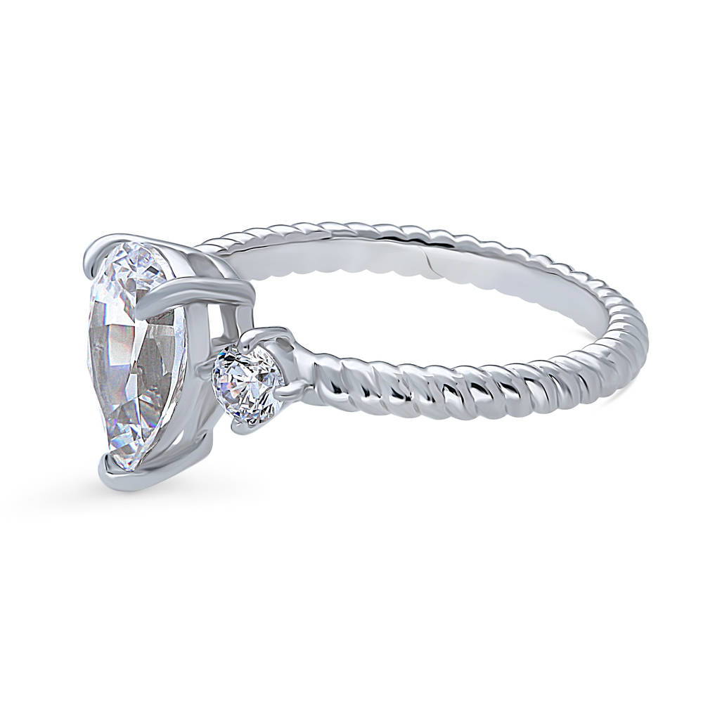Angle view of 3-Stone Woven Pear CZ Ring in Sterling Silver