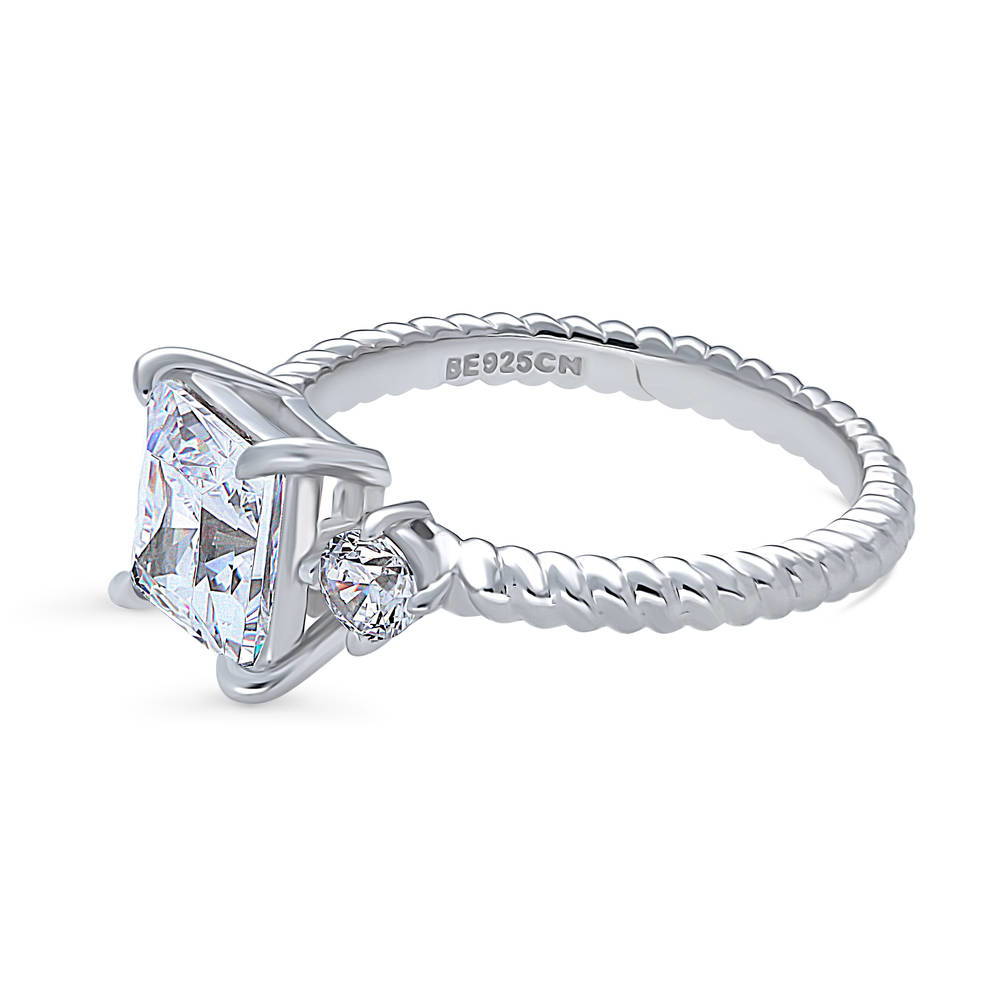 Angle view of 3-Stone Woven Princess CZ Ring in Sterling Silver