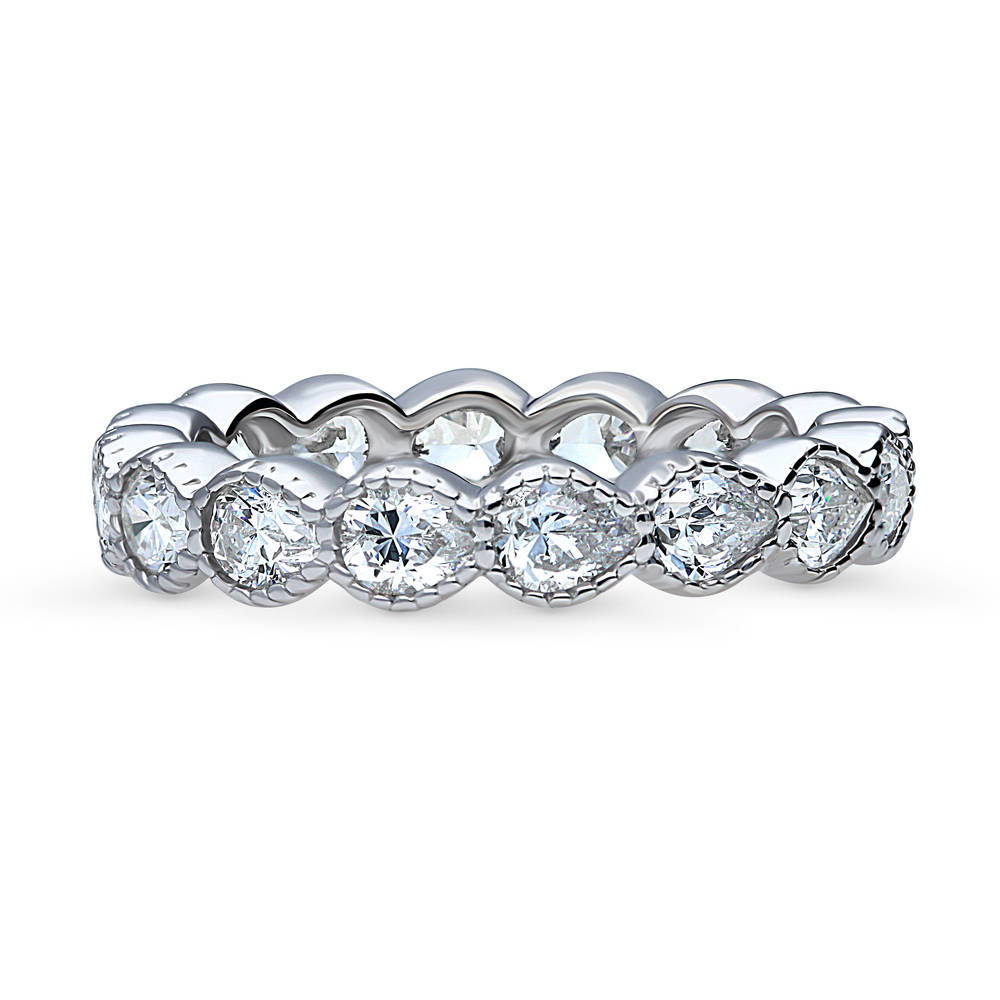 Milgrain Bezel Set Pear CZ Eternity Ring in Sterling Silver