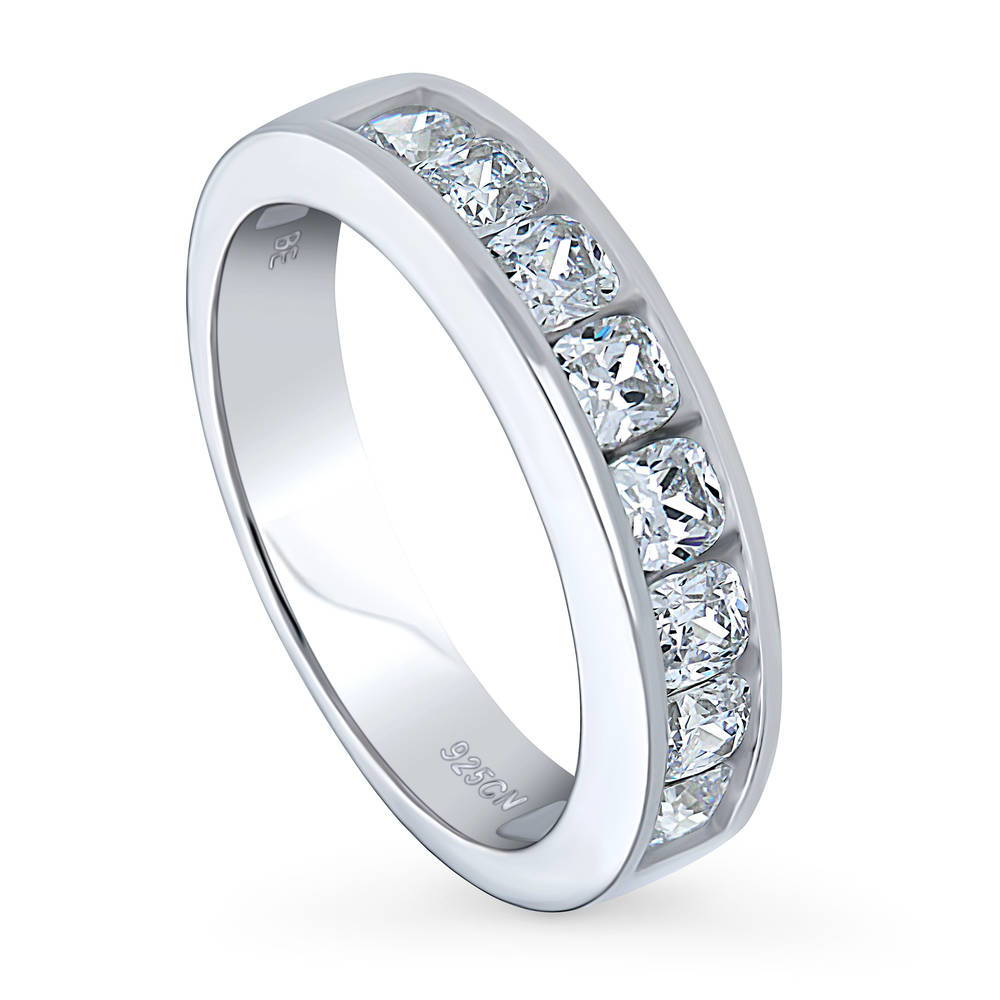 Channel Set Cushion CZ Half Eternity Ring in Sterling Silver, front view