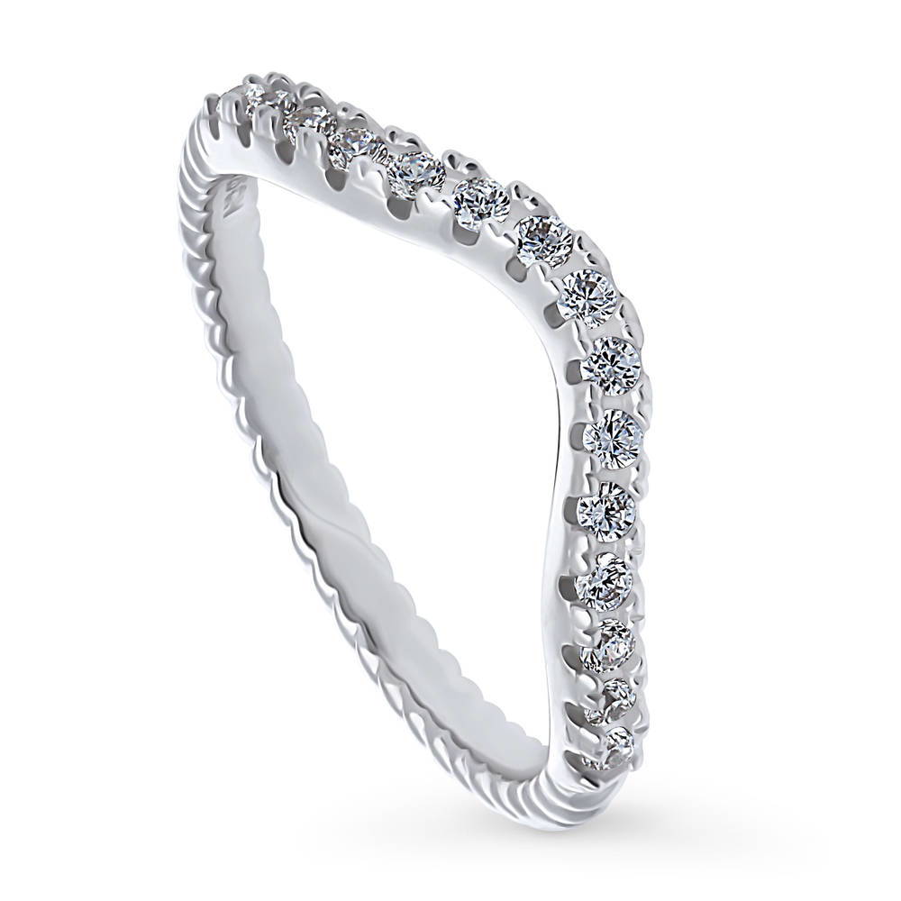 Woven Wishbone Pave Set CZ Curved Half Eternity Ring in Sterling Silver, front view