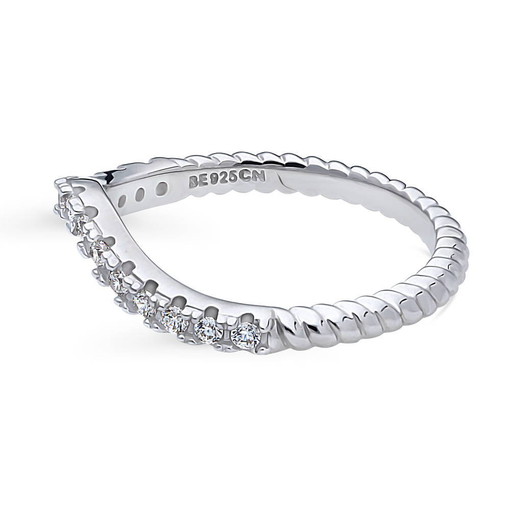 Woven Wishbone Pave Set CZ Curved Half Eternity Ring in Sterling Silver