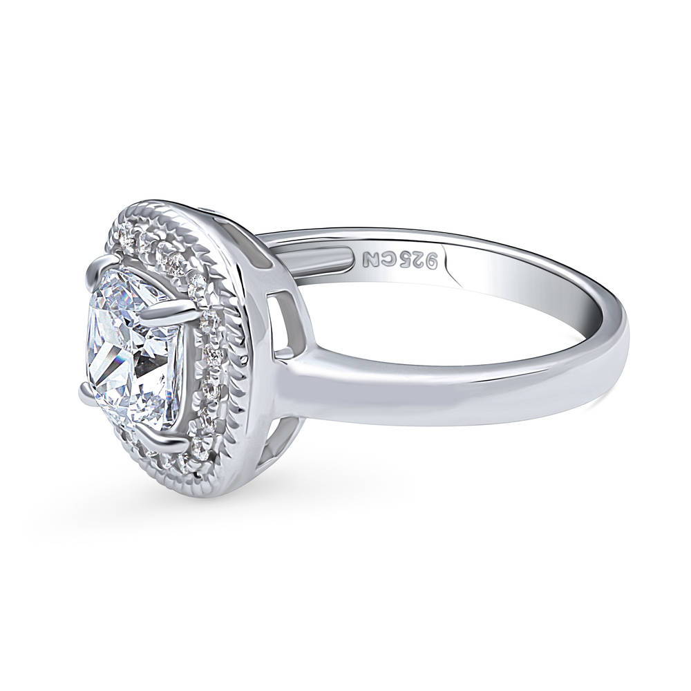 Angle view of Halo Woven Cushion CZ Ring in Sterling Silver