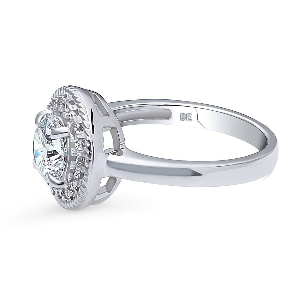 Angle view of Halo Cable Round CZ Ring in Sterling Silver