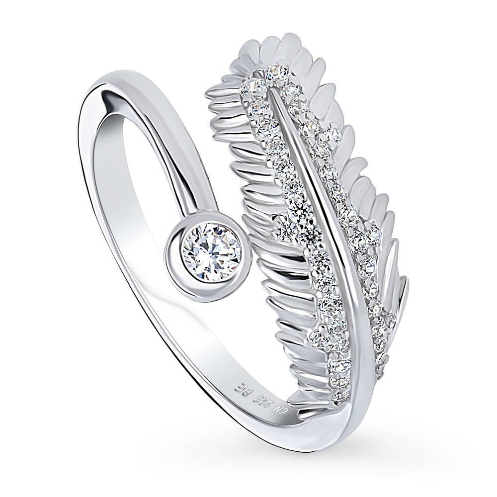 Front view of Feather Bypass CZ Ring in Sterling Silver, 4 of 10