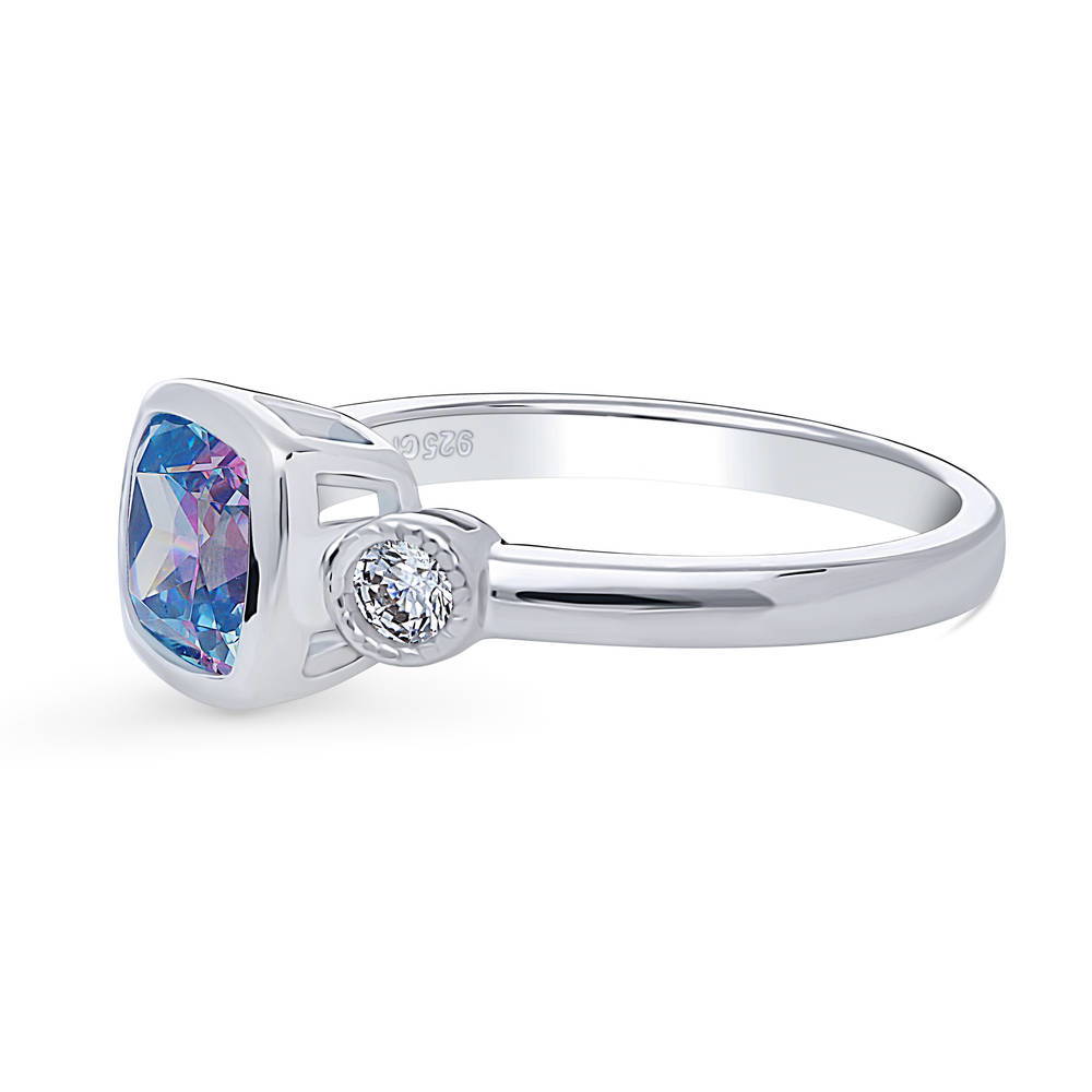 Angle view of 3-Stone Kaleidoscope Purple Aqua Cushion CZ Ring in Sterling Silver