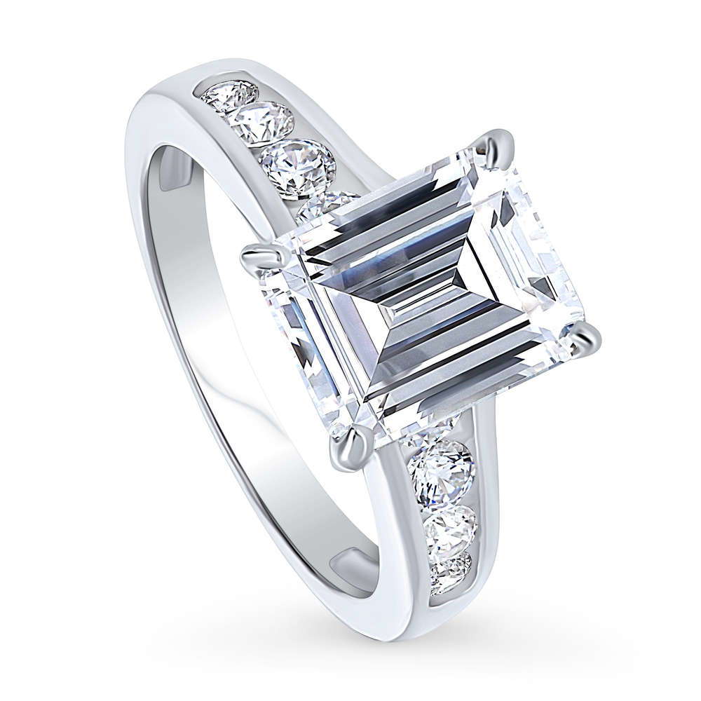 Front view of Solitaire 3.8ct Emerald Cut CZ Ring in Sterling Silver