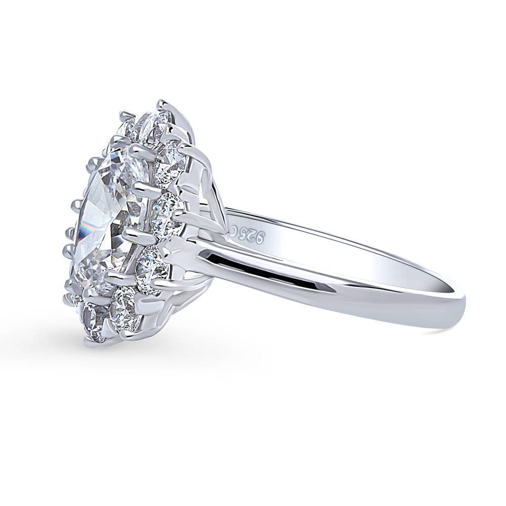 Angle view of Flower Halo CZ Statement Ring in Sterling Silver