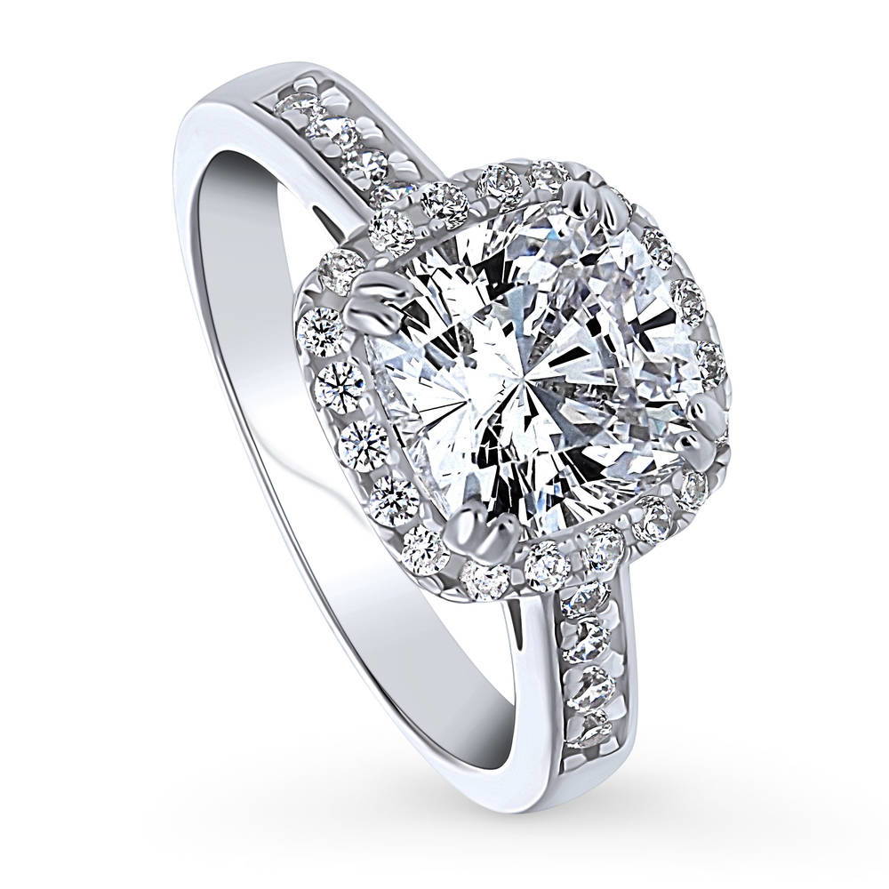 Front view of Halo Cushion CZ Ring in Sterling Silver