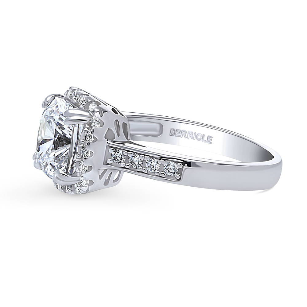 Angle view of Halo Cushion CZ Ring in Sterling Silver