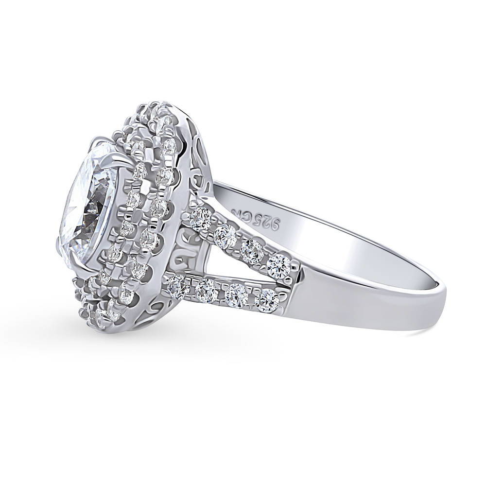Angle view of Halo Oval CZ Statement Split Shank Ring in Sterling Silver