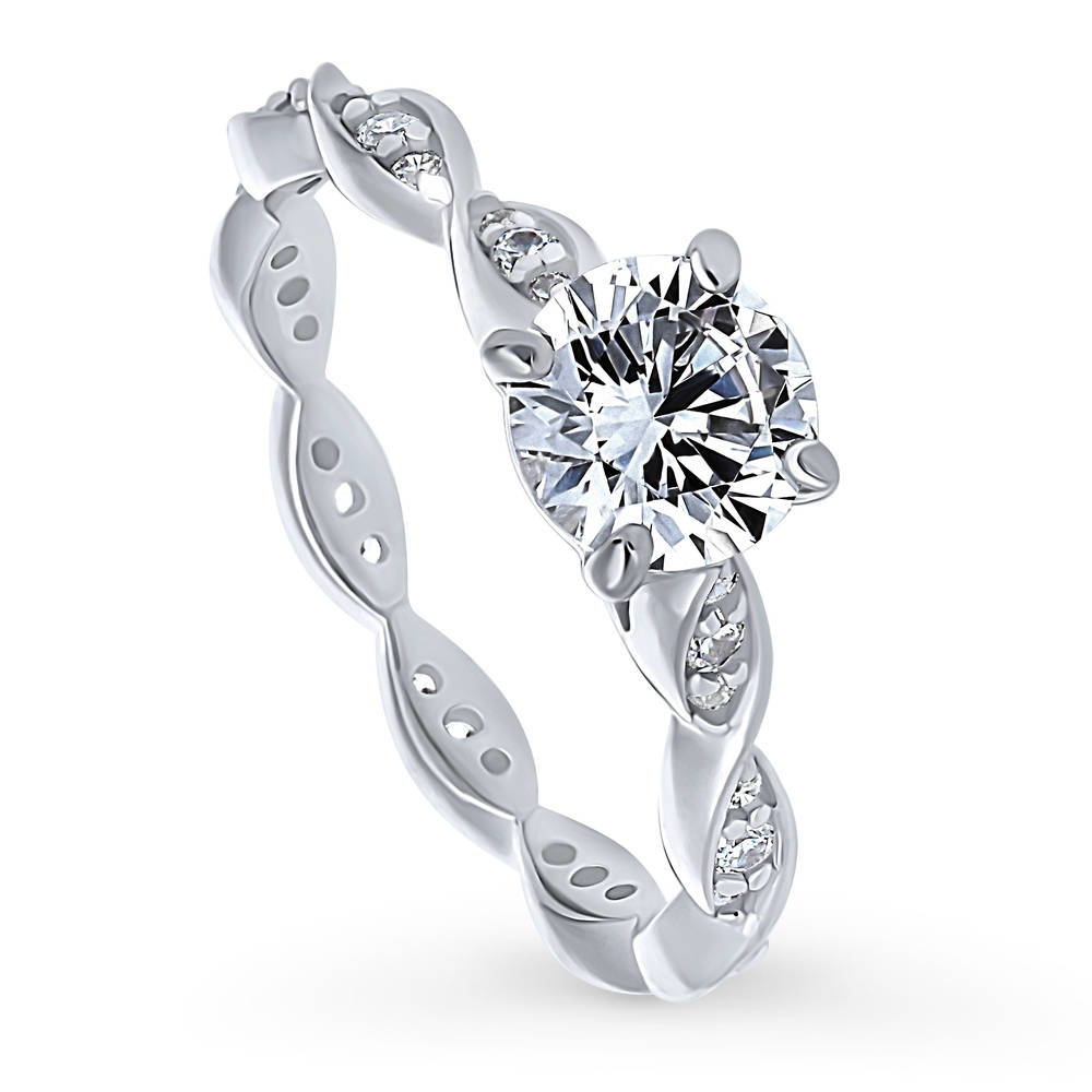 Front view of Woven Solitaire CZ Ring in Sterling Silver