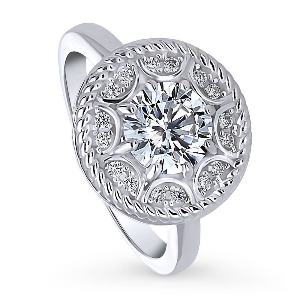 Front view of Cable Halo CZ Statement Ring in Sterling Silver