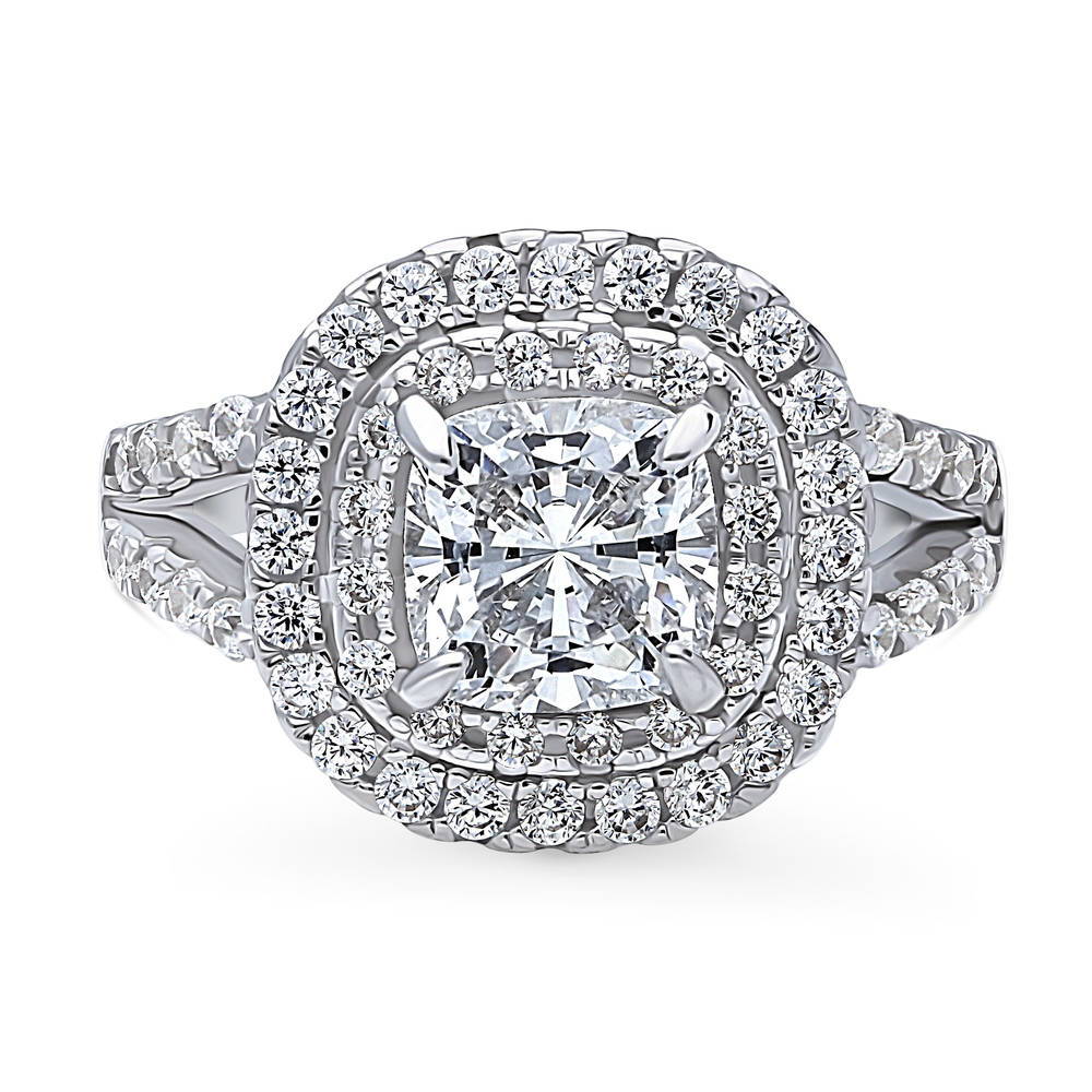 Halo Cushion CZ Split Shank Ring in Sterling Silver